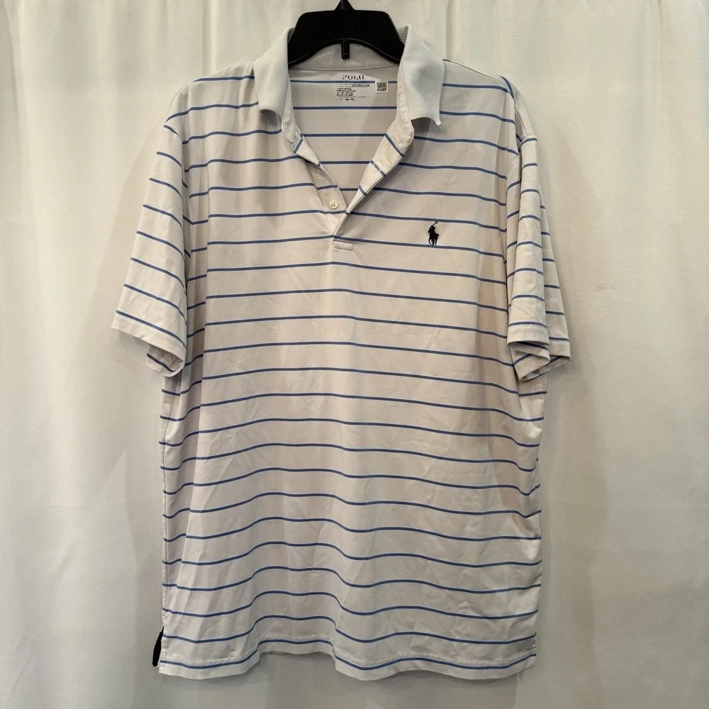 Polo Ralph Lauren White Blue Stripe Classic Fit Performance Shirt L